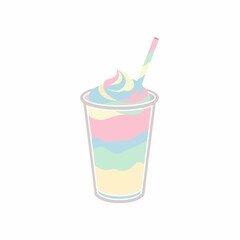 Whimsical Rainbow Layered Frozen Drink with Swirled Whipped Cream and Straw.