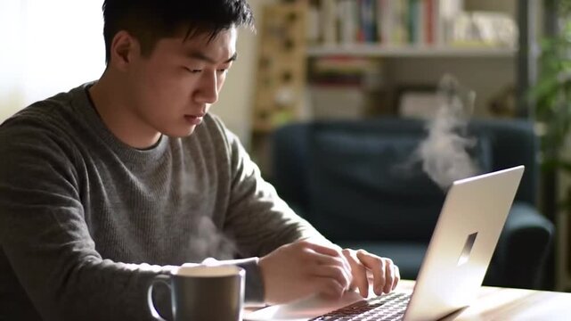 Young man with laptop and coffee working indoors 