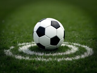 Fototapeta premium Black and white football resting on white kickoff circle marking on green grass pitch before game start 