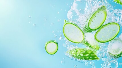 Sliced aloe vera in refreshing blue water with bubbles, clean and natural skincare concept