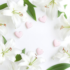 A scattering of white lilies with pink 3D hearts close-up on a white background. Template for a romantic postcard with advertising space. Delicate print, illustration, sketch for invitations.