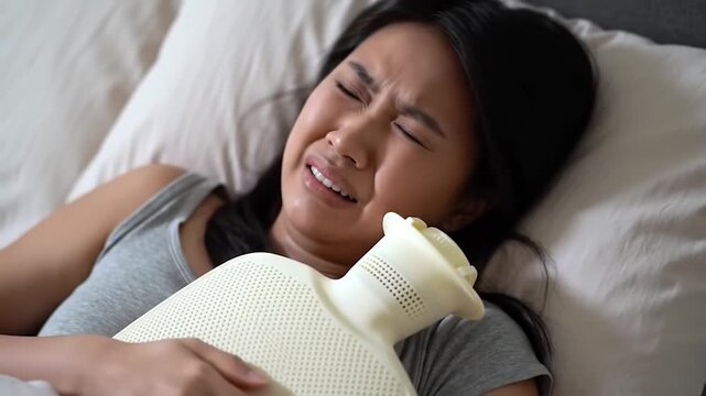 Woman lying on bed with menstrual pain and cramps