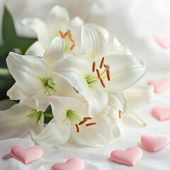 A scattering of white lilies with pink 3D hearts close-up on a white background. Template for a romantic postcard with advertising space. Delicate print, illustration, sketch for invitations.