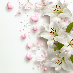 A scattering of white lilies with pink 3D hearts close-up on a white background. Template for a romantic postcard with advertising space. Delicate print, illustration, sketch for invitations.