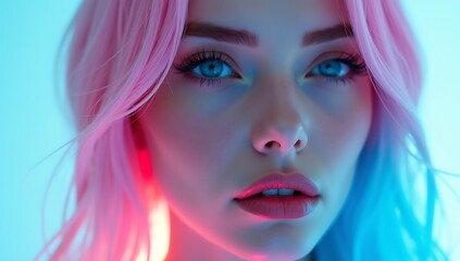 Obraz premium Close-up of female portrait, surreal neon gradient hair, smooth silky strands, glowing pastel pink to cyan ombré, futuristic beauty styling, fashion-forward concept art