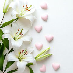 A scattering of white lilies with pink 3D hearts close-up on a white background. Template for a romantic postcard with advertising space. Delicate print, illustration, sketch for invitations.