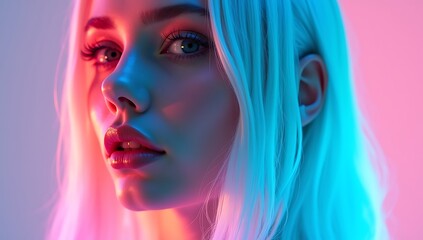 Close-up of female portrait, surreal neon gradient hair, smooth silky strands, glowing pastel pink to cyan ombré, futuristic beauty styling, fashion-forward concept art