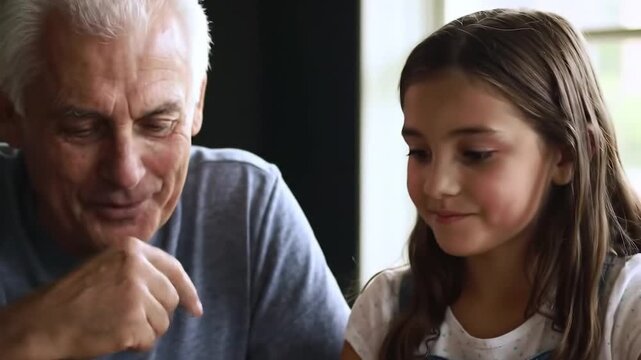 Senior man playing chess with his granddaughter