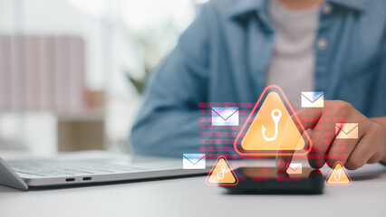 Email phishing scam concept with man using smartphone, warning icon with phishing hook and...