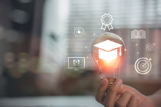 E-learning graduate certificate program concept with light bulb and graduation cap icon, symbolizing online education, creative thinking, study knowledge, and problem-solving in digital learning.
