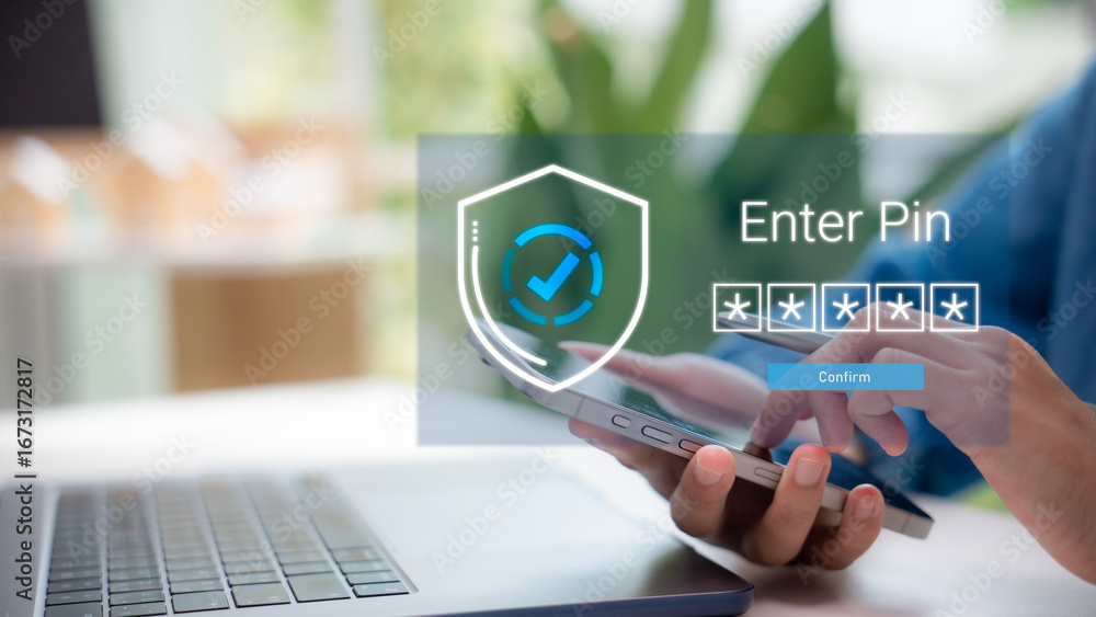 Poster mobile security and pin verification concept with man entering code on smartphone, digital shield ic