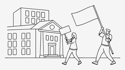Line Art Illustration of Protestors with Flag and Sign by Building
