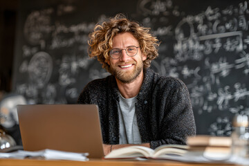 distant education, school nd remote job concept - hapy smiling male math teachr with laptop compute and ook showing equation on flp chart having online clas or video call at home offce