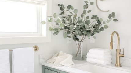 Bright Modern Bathroom with Green Plant and White Towels in Natural Light