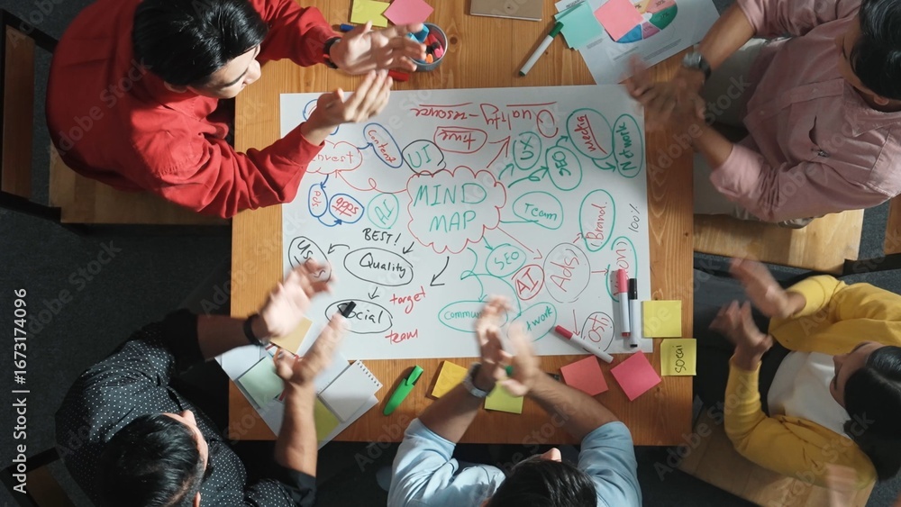 Aufkleber top down view of business team working together by using mind map brainstorming idea and sharing mar