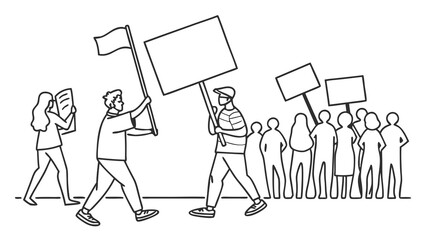 People protesting with blank signs and flag. Line art illustration of activists marching for social change and human rights.