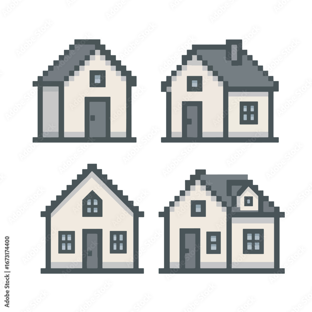 Poster simple pixelated different style house building home architecture collection