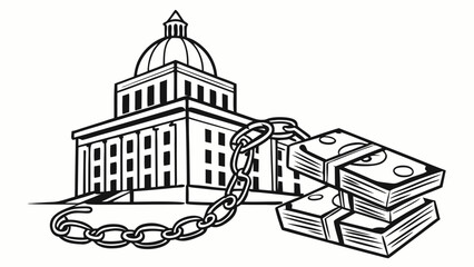 Fototapeta premium Government Building Chained to Money Stacks: Financial Influence, Political Corruption, Lobbying, Economic Power Concept