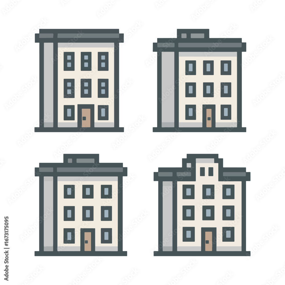 Aufkleber simple pixel art various style building illustration architecture elements