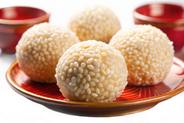 Delicious chinese new year glutinous rice balls covered in white sesame seeds on a red plate transparent background