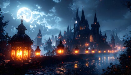 A majestic dark fantasy castle illuminated by warm lanterns along a river under a dramatic moonlit night