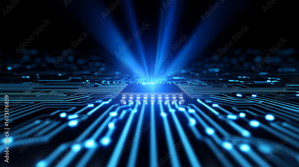 Poster close-up of illuminated blue microchip on a digital motherboard, symbolizing modern computing and ai
