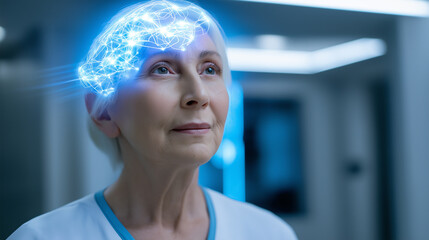 Elderly woman undergoing brain scan with digital hologram overlay in medical imaging room.
