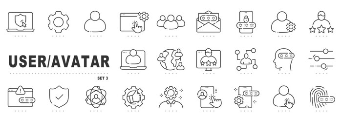 User avatar line icons for profile account management, login, password security, verification, mobile settings, group community, rating, dashboard, editable stroke