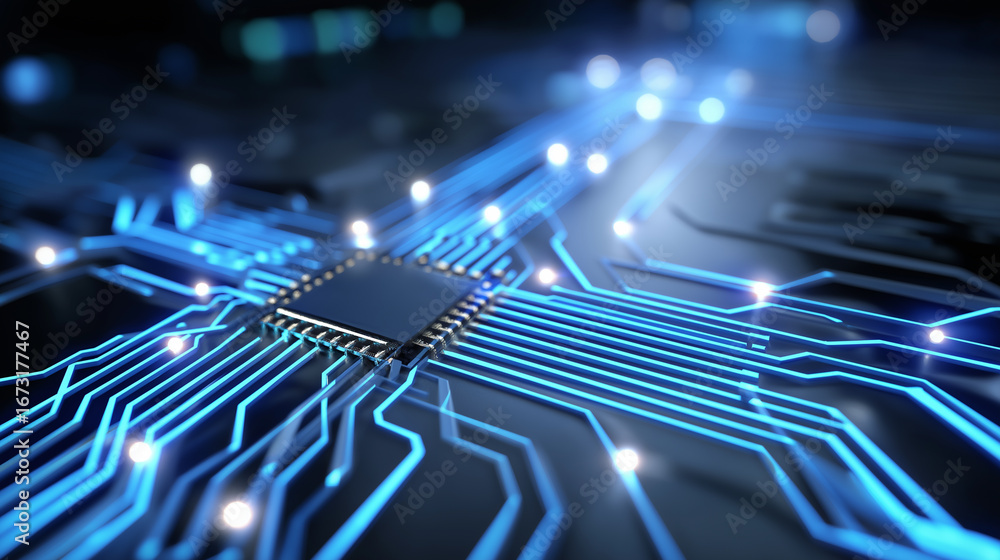 Poster close-up of illuminated blue microchip on a digital motherboard, symbolizing modern computing and ai