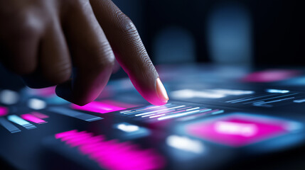 Finger touching futuristic digital interface with glowing data and graphs.