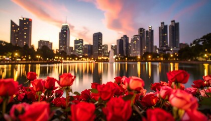 City skyline with lake and vibrant red roses, twilight urban landscape