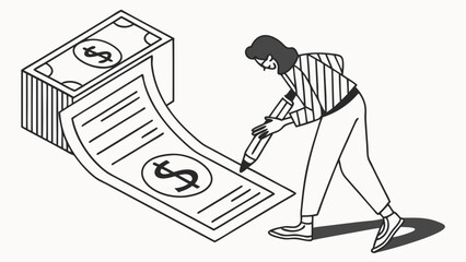 Person Drawing Money from Stack - Financial Creation Isometric Line Art Illustration