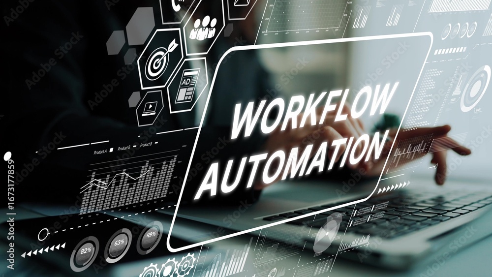 Poster innovative workflow automation concept with digital interface and data visualizations for business o