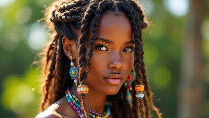 Intricate braided hairstyle with jewel beads, bohemian festival look, colorful highlights, outdoor natural lighting, cultural fashion styling