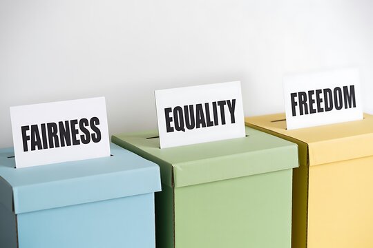 Choosing fairness equality freedom with colorful ballot boxes representing democratic values and civic engagement