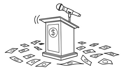 Podium with microphone and dollar sign, surrounded by scattered money. Concept of financial influence, bribery, or political funding.