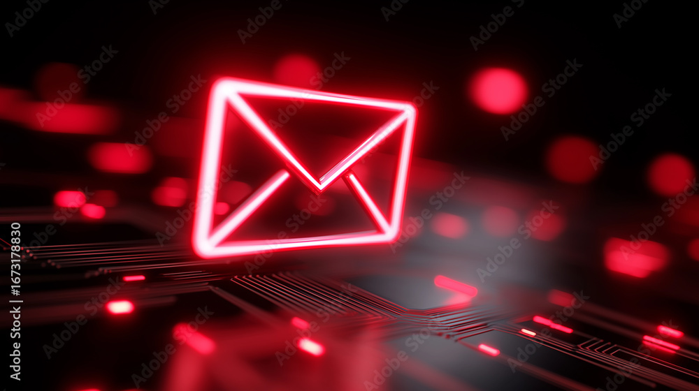 Poster glowing red email icon above a circuit board representing digital communication and cybersecurity.