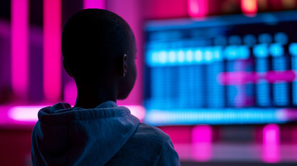 Young boy learning to code at a computer with colorful programming code displayed on screen.
