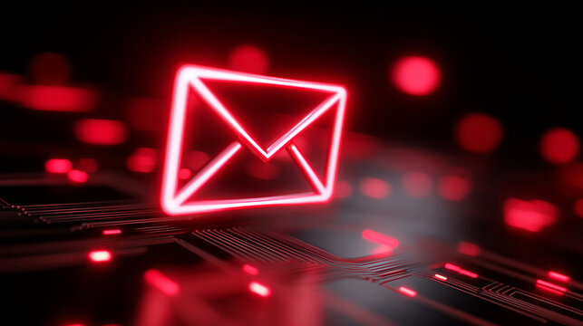 Glowing red email icon above a circuit board representing digital communication and cybersecurity.
 - Powered by Adobe