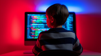 Young boy learning to code at a computer with colorful programming code displayed on screen.
