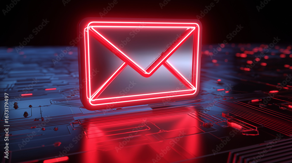Poster glowing red email icon above a circuit board representing digital communication and cybersecurity.