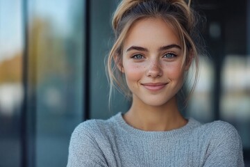 Close-up portrait of young smiling male freelancer and student working and studying in modern office, sitting at laptop and looking at camera, Generative AI