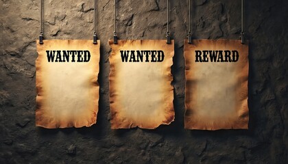 Three vintage wanted posters displayed on rough, stone wall. Featuring classic western design, old reward signs offer blank space for custom text, perfect for historical wild west themed projects,