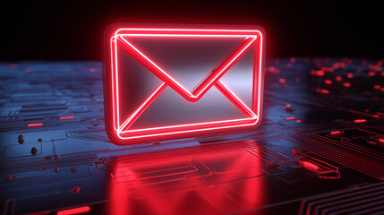Glowing red email icon above a circuit board representing digital communication and cybersecurity.
