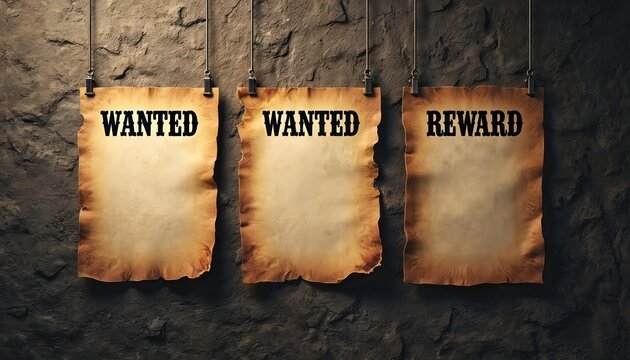 Three vintage wanted posters displayed on rough, stone wall. Featuring classic western design, old reward signs offer blank space for custom text, perfect for historical wild west themed projects,