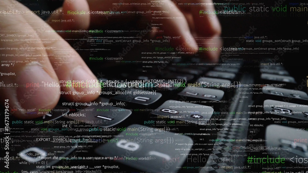 Poster a close-up view of hands actively typing on a keyboard, layered with lines of code, capturing the es