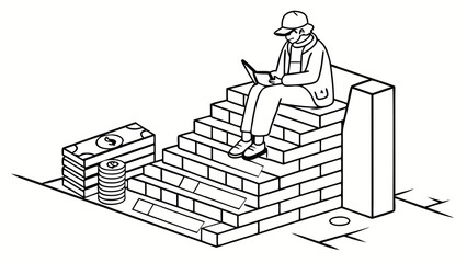 Obraz premium Building wealth through digital work: Person on brick steps with laptop and money stack, symbolizing financial growth and online success