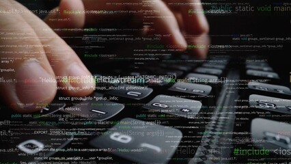 A close-up view of hands actively typing on a keyboard, layered with lines of code, capturing the...