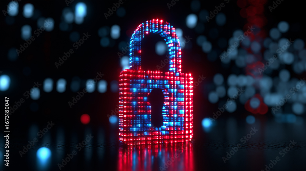 Poster glowing red and blue digital padlock made of pixels symbolizing cybersecurity and data protection.