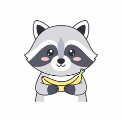 Adorable cartoon raccoon illustration with grey fur black mask pink cheeks holding a ripe yellow banana.